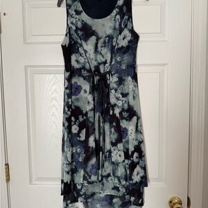 Floral Sleeveless Dress - Navy Blue and White